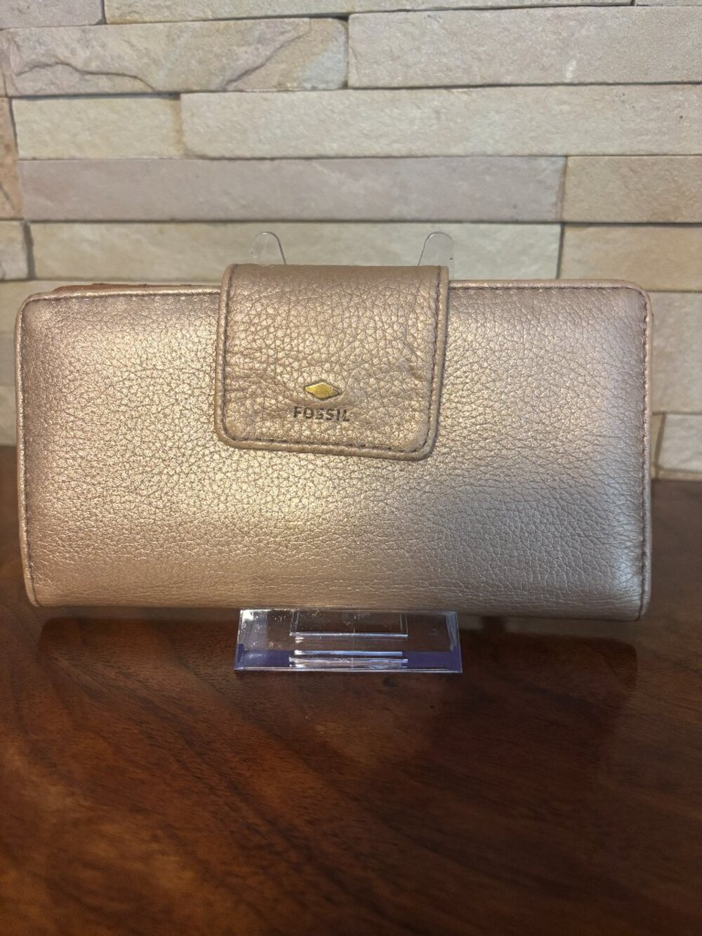 Fossil Sydney Leather Tab Clutch Wallet Metallic Gold FLAGGED AS IS / READ